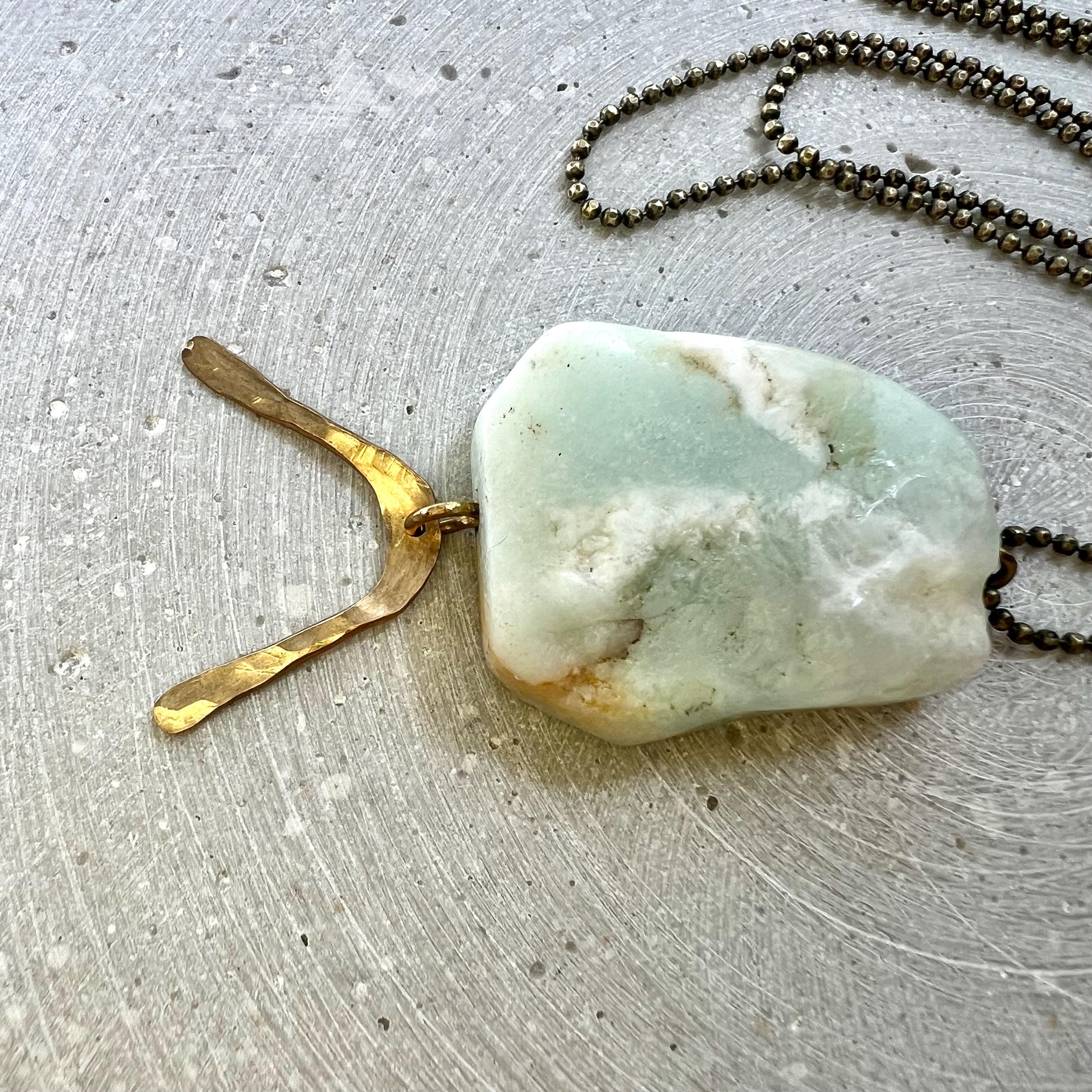 Amazonite Stone Pendant on Long Ball Chain, Gemstone Disc with Hammered Brass Arc, Boho Hippie Jewelry, No Clasp  Necklace