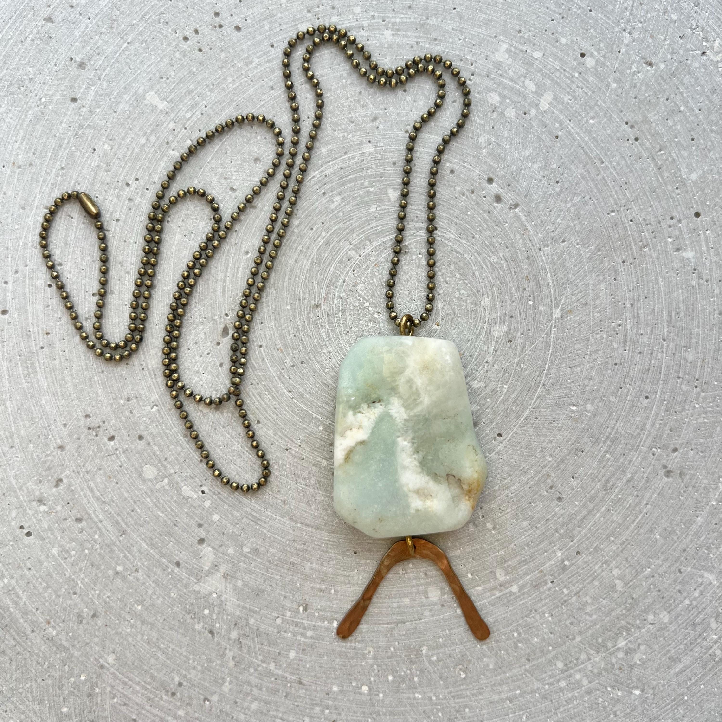 Amazonite Stone Pendant on Long Ball Chain, Gemstone Disc with Hammered Brass Arc, Boho Hippie Jewelry, No Clasp  Necklace