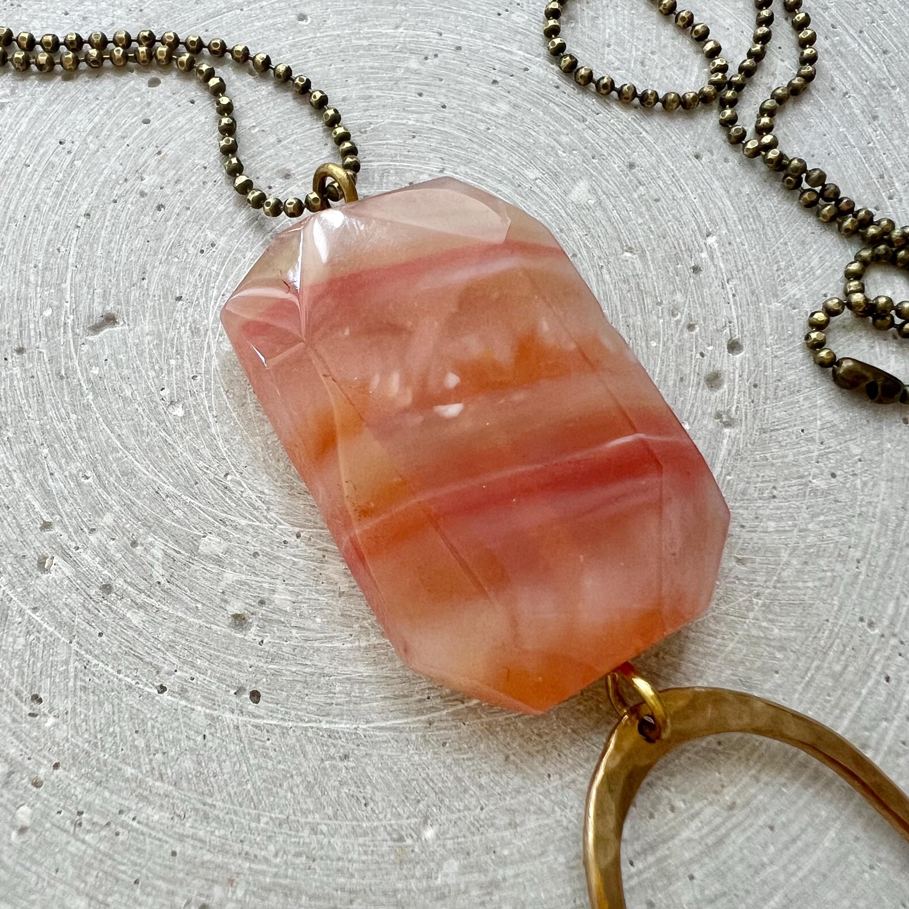 Agate Stone Pendant on Long Ball Chain, Gemstone Disc with Hammered Brass Arc, Boho Hippie Jewelry, No Clasp Necklace