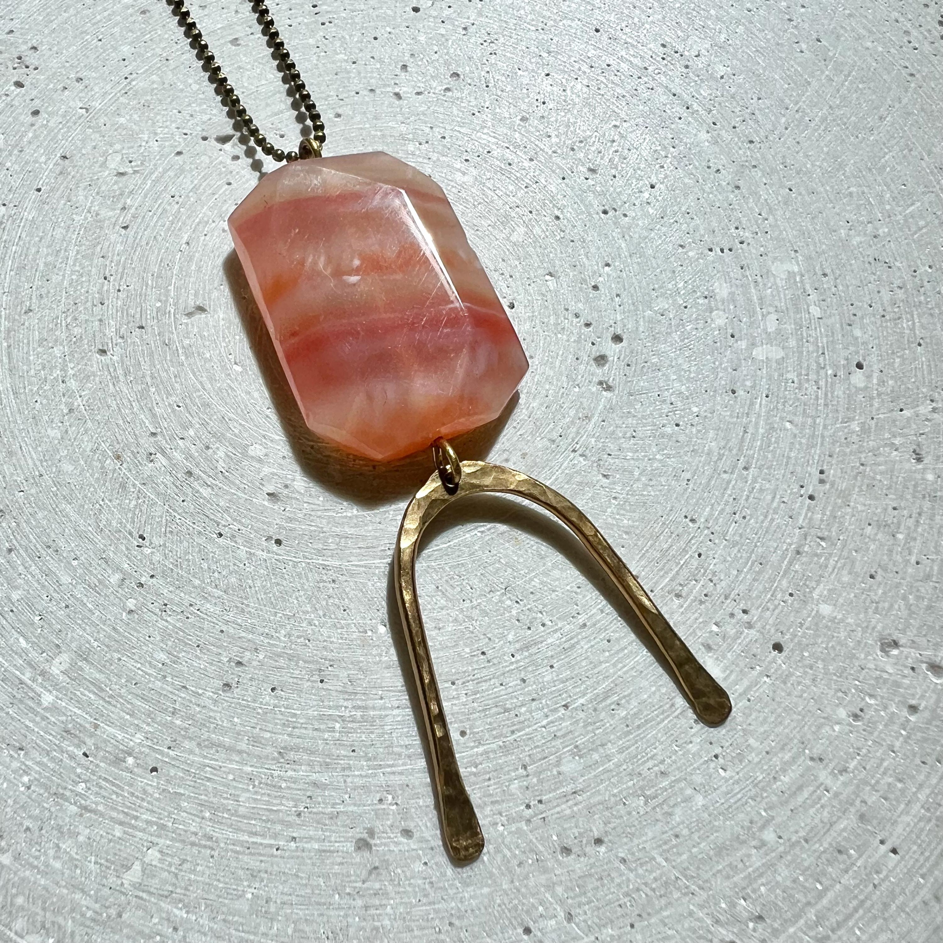 Agate Stone Pendant on Long Ball Chain, Gemstone Disc with Hammered Brass Arc, Boho Hippie Jewelry, No Clasp Necklace