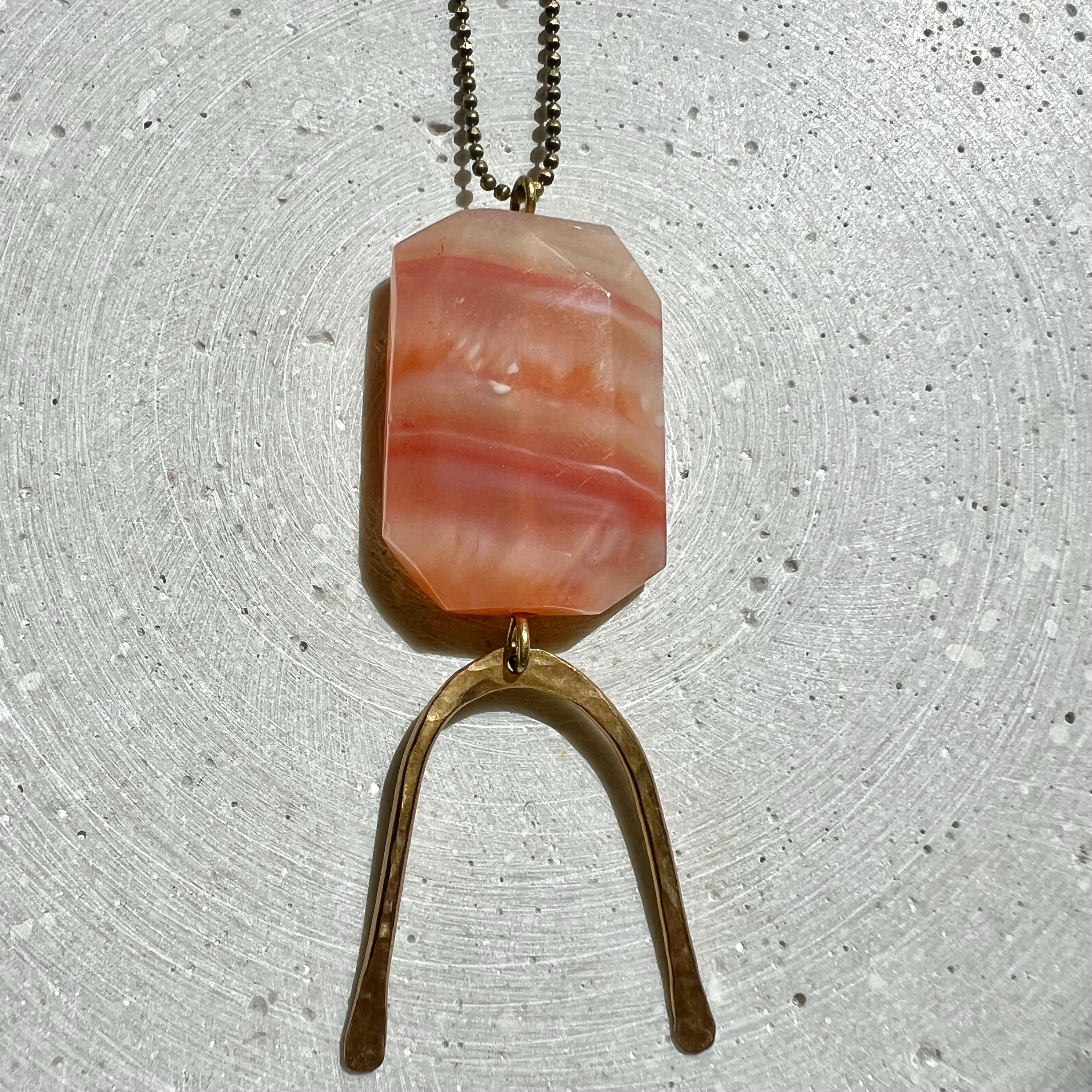 Agate Stone Pendant on Long Ball Chain, Gemstone Disc with Hammered Brass Arc, Boho Hippie Jewelry, No Clasp Necklace