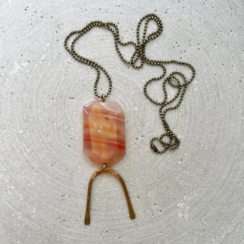 Agate Stone Pendant on Long Ball Chain, Gemstone Disc with Hammered Brass Arc, Boho Hippie Jewelry, No Clasp Necklace