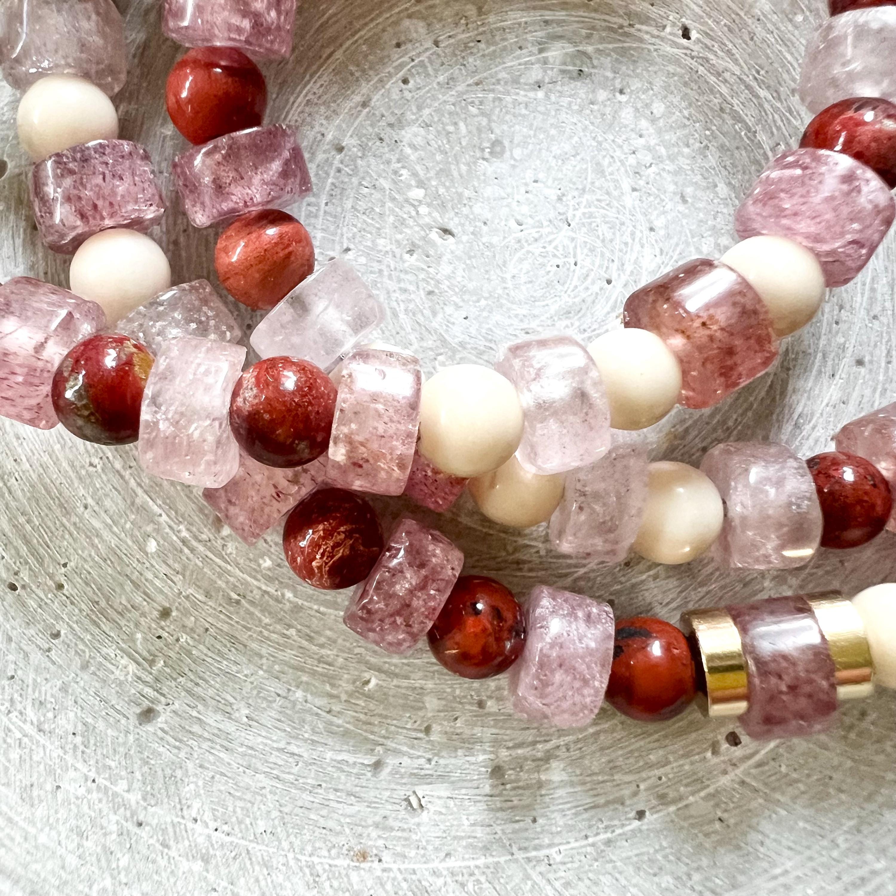 Strawberry Quartz and Red Jasper Necklace, Mixed Gemstone Chain, Pink and Red Beaded Stone Collier