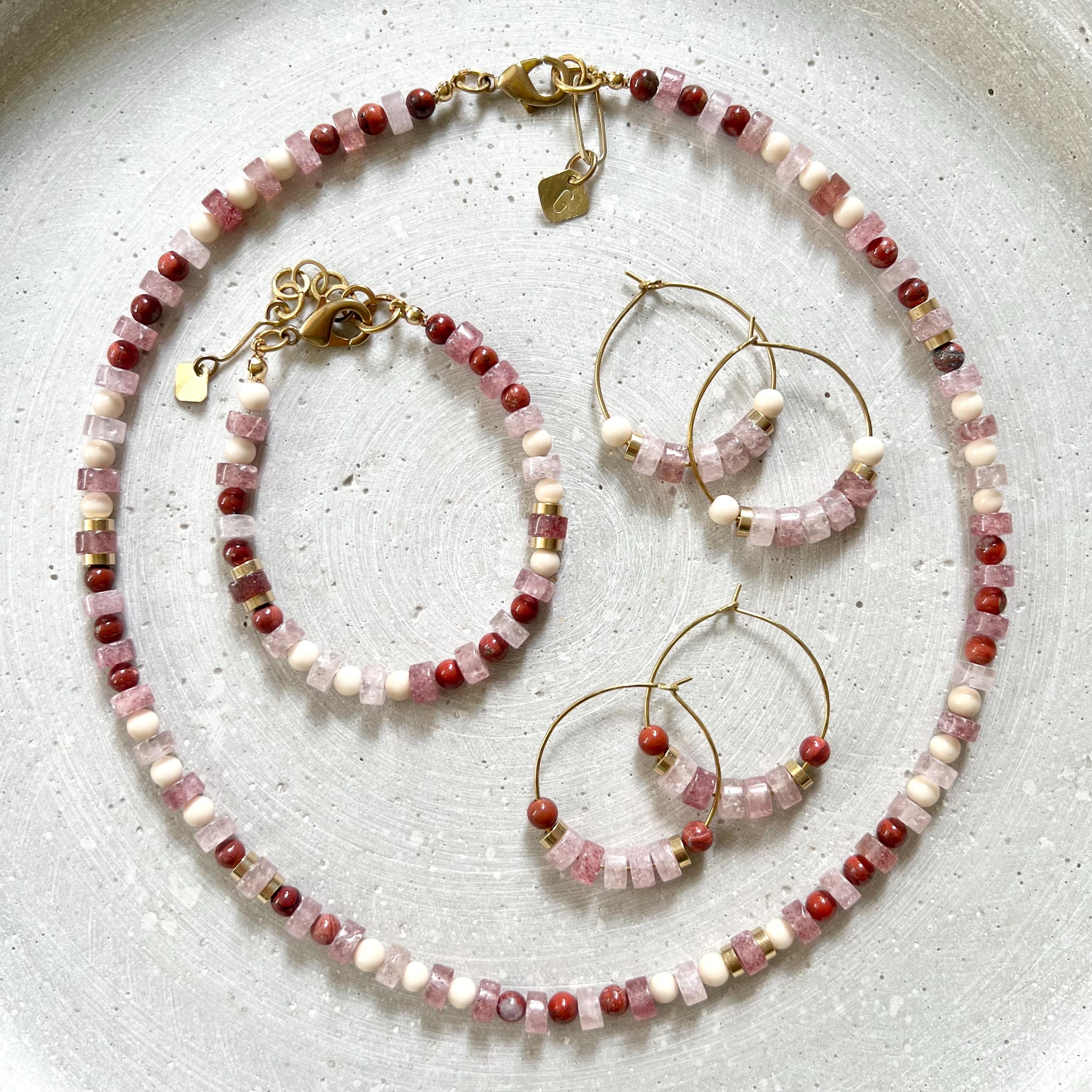 Strawberry Quartz and Red Jasper Necklace, Mixed Gemstone Chain, Pink and Red Beaded Stone Collier