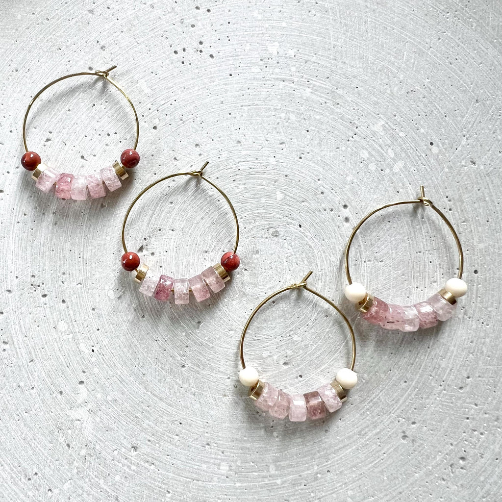 Strawberry Quartz Creoles with Red Jasper, Dainty Hoop Earrings with Gemstone Beads, Handmade Beaded Jewelry