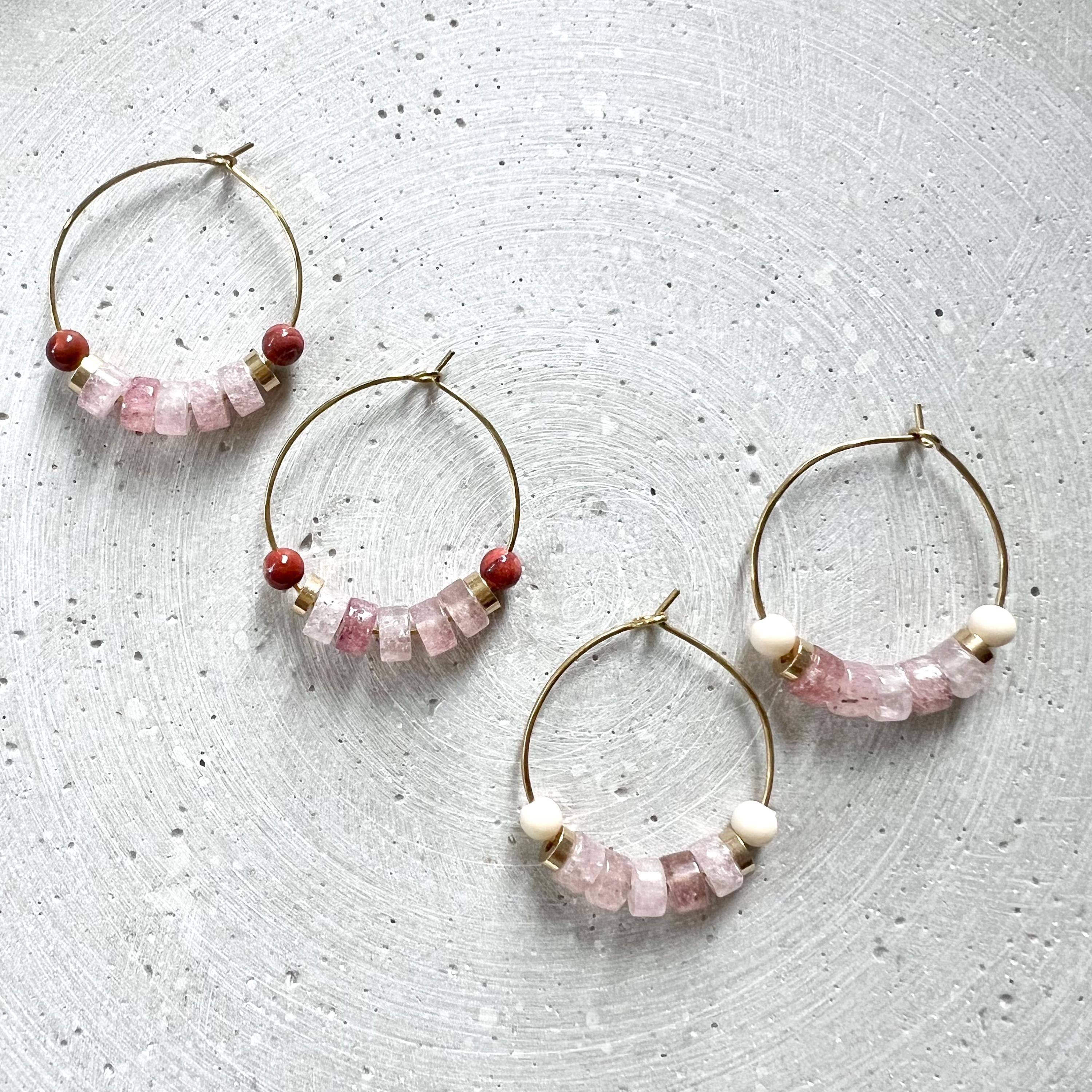 Strawberry Quartz Creoles with Red Jasper, Dainty Hoop Earrings with Gemstone Beads, Handmade Beaded Jewelry