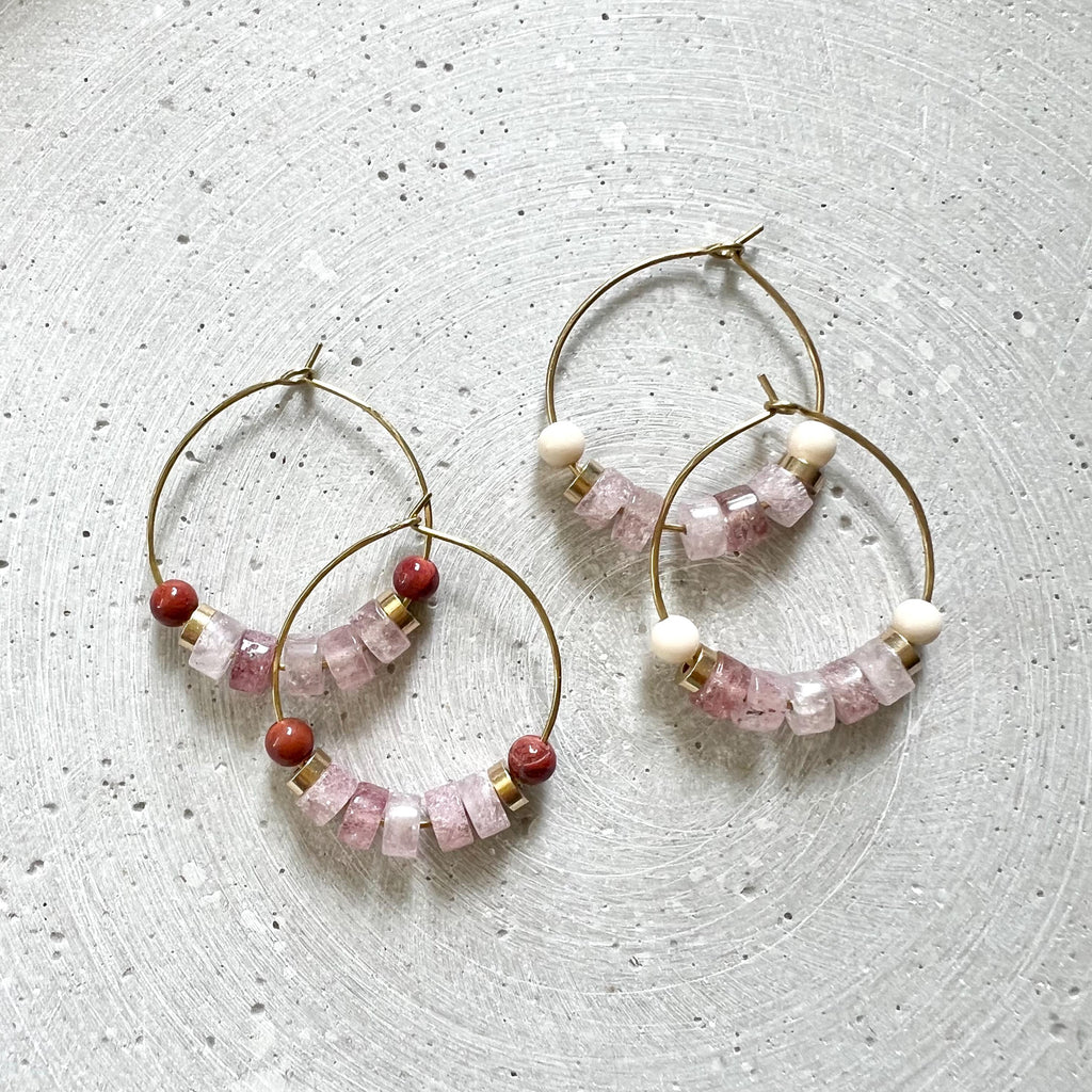 Strawberry Quartz Creoles with Red Jasper, Dainty Hoop Earrings with Gemstone Beads, Handmade Beaded Jewelry