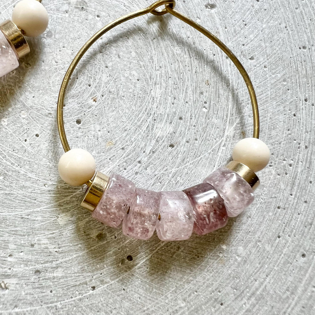 Strawberry Quartz Creoles with Red Jasper, Dainty Hoop Earrings with Gemstone Beads, Handmade Beaded Jewelry