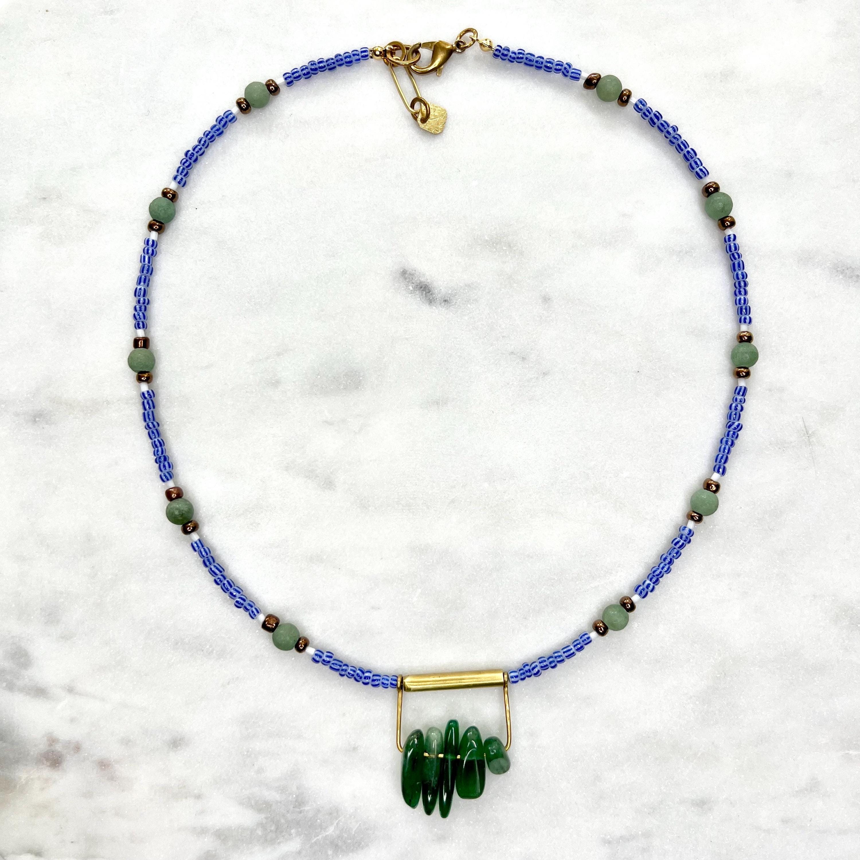 Royal Blue Seed Bead Necklace with Aventurine Pendant, Blue and Green Boho Jewelry, One of a Kind