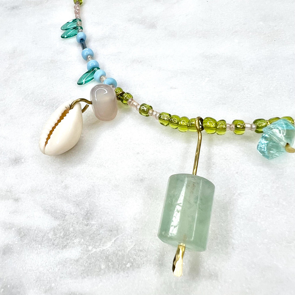 Charm Necklace with Fluorite Pendant, Blue and Green Beaded Boho Bib with Gemstones and Seed Beads