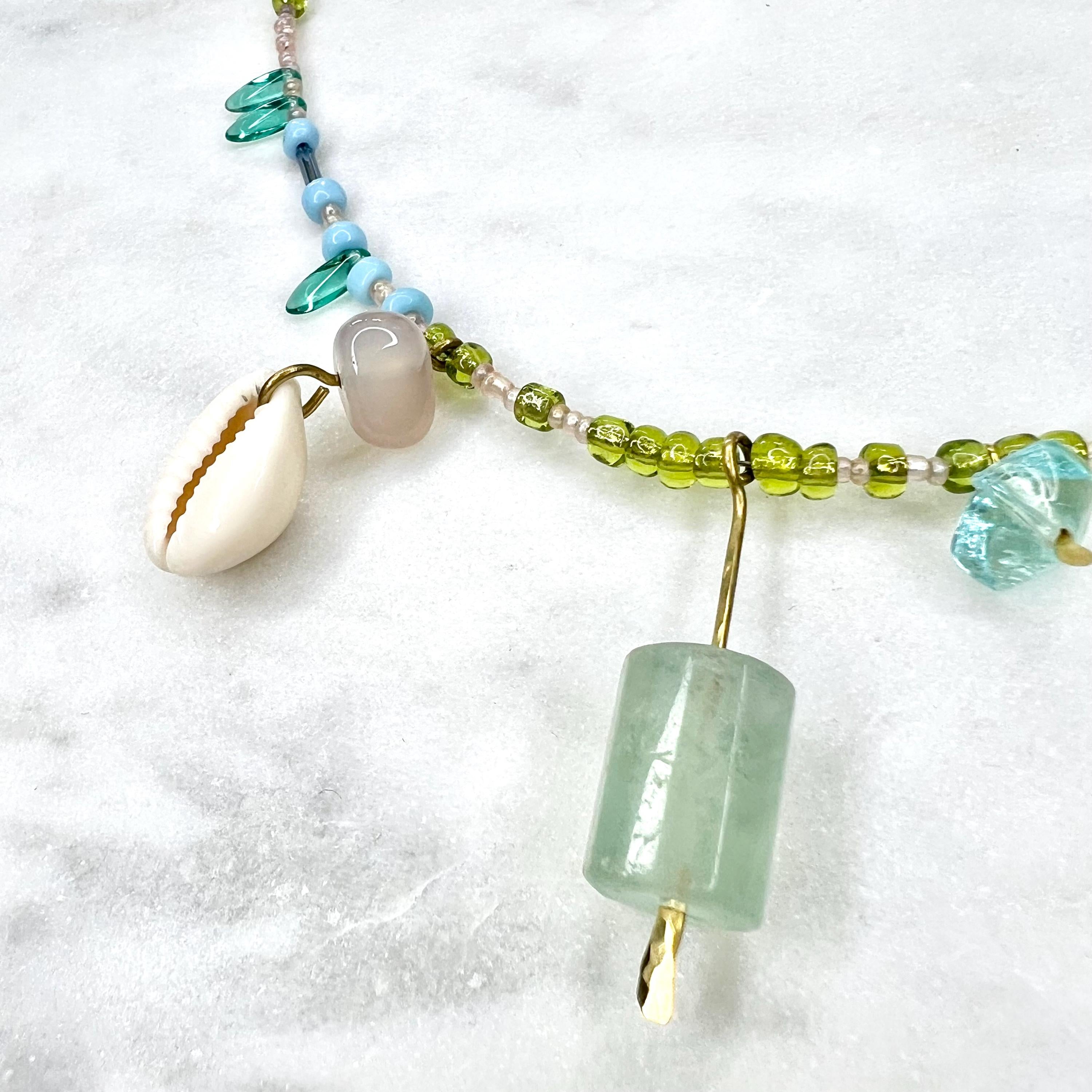 Charm Necklace with Fluorite Pendant, Blue and Green Beaded Boho Bib with Gemstones and Seed Beads