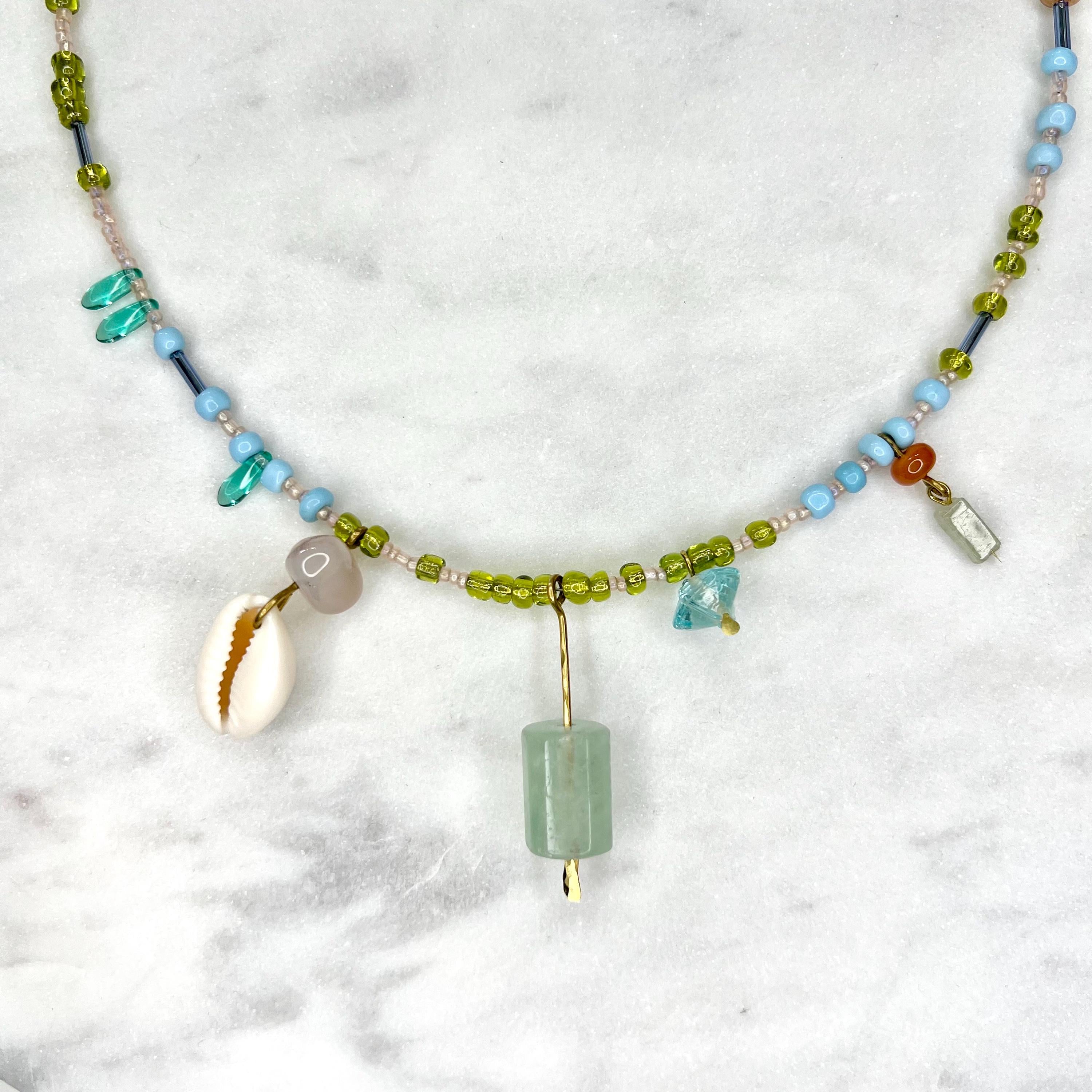 Charm Necklace with Fluorite Pendant, Blue and Green Beaded Boho Bib with Gemstones and Seed Beads