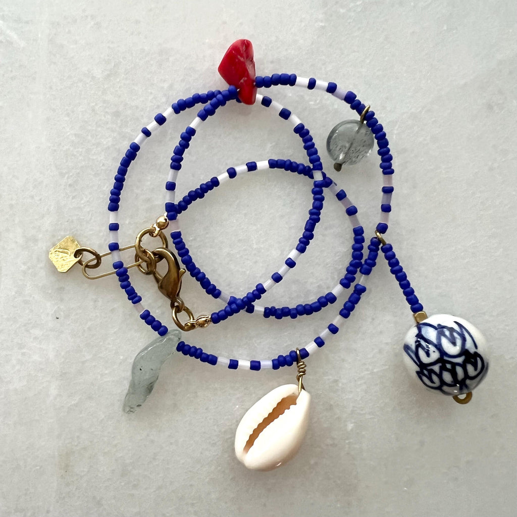 Royal Blue Charm Necklace, Seed Bead Bib with Gemstone Pendants and Large Ceramic Bead, Handmade Boho Jewelry