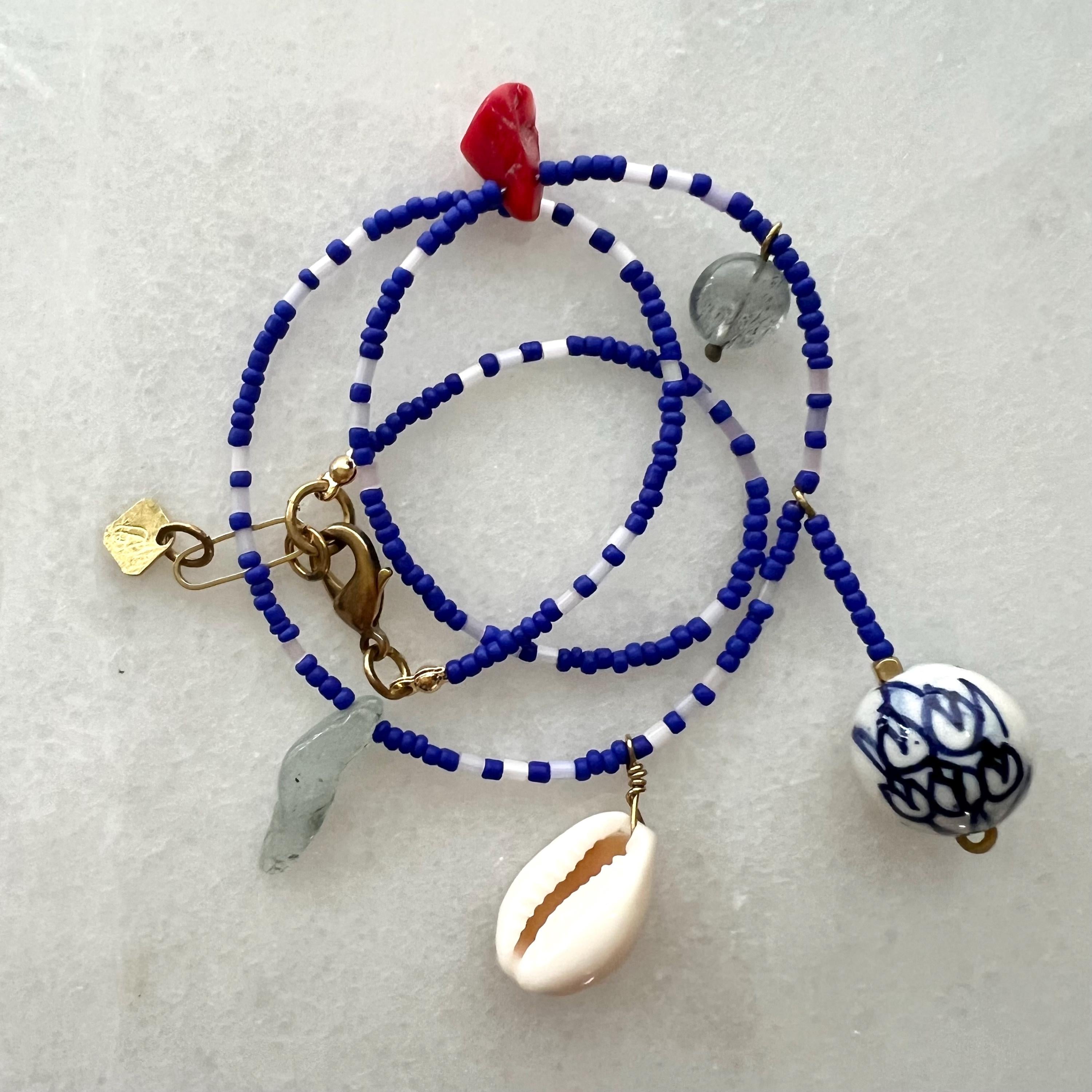Royal Blue Charm Necklace, Seed Bead Bib with Gemstone Pendants and Large Ceramic Bead, Handmade Boho Jewelry