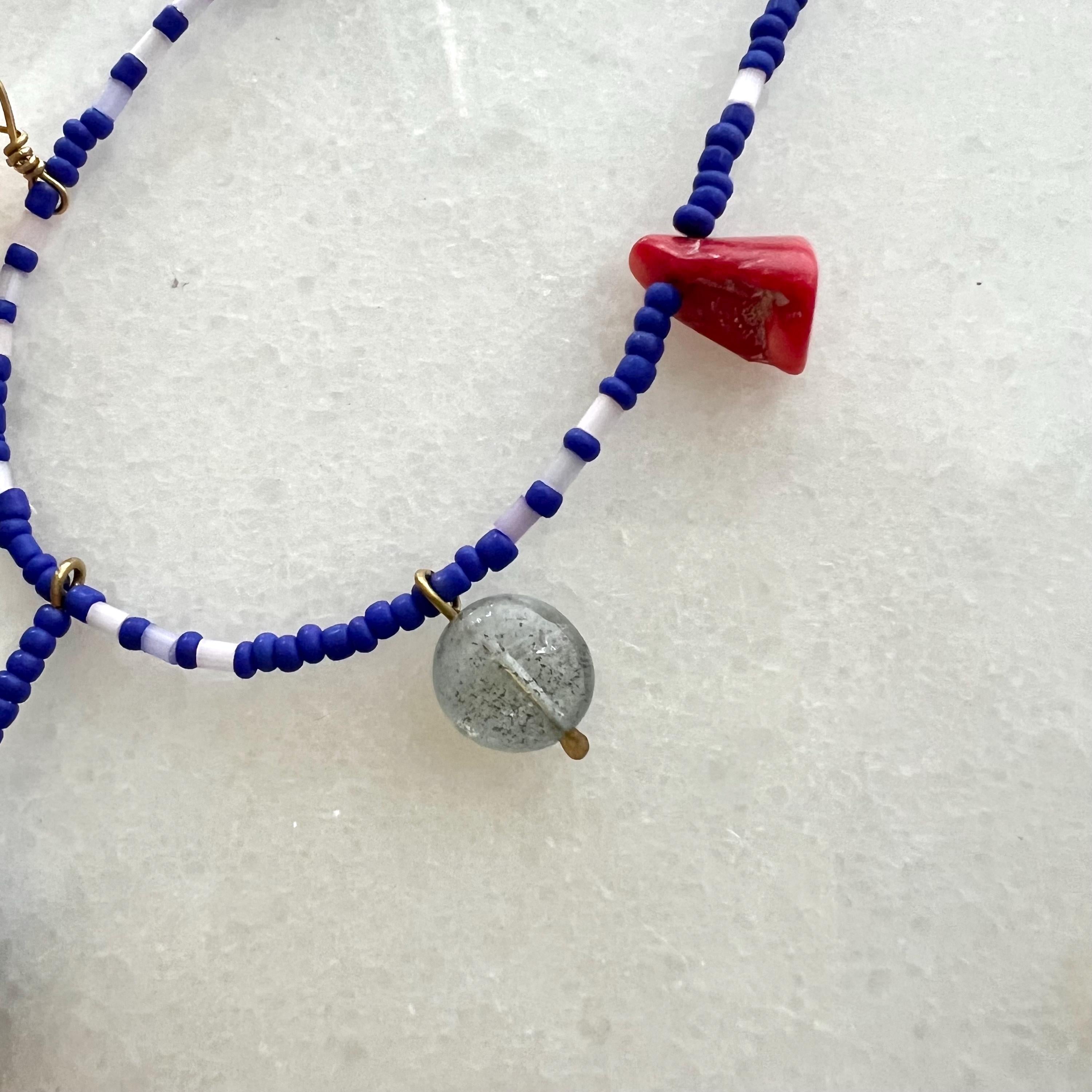 Royal Blue Charm Necklace, Seed Bead Bib with Gemstone Pendants and Large Ceramic Bead, Handmade Boho Jewelry