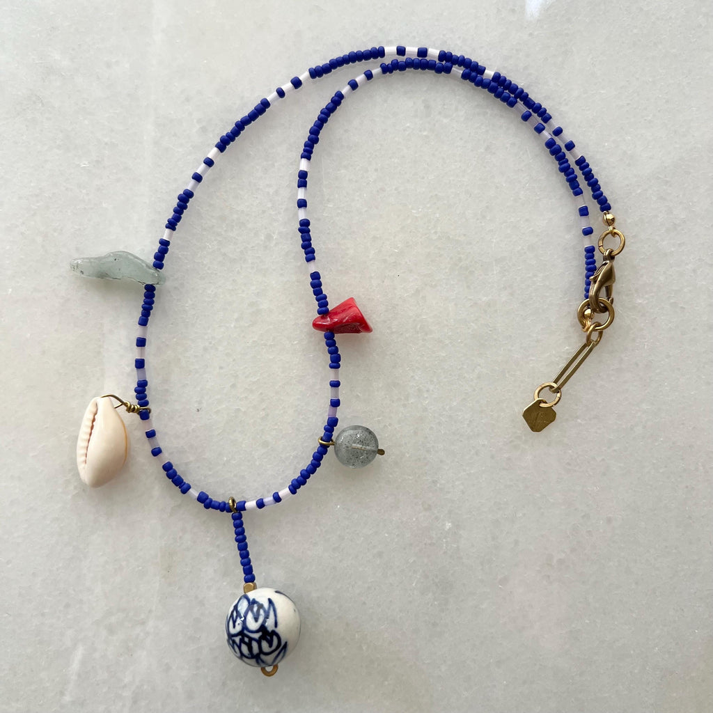 Royal Blue Charm Necklace, Seed Bead Bib with Gemstone Pendants and Large Ceramic Bead, Handmade Boho Jewelry