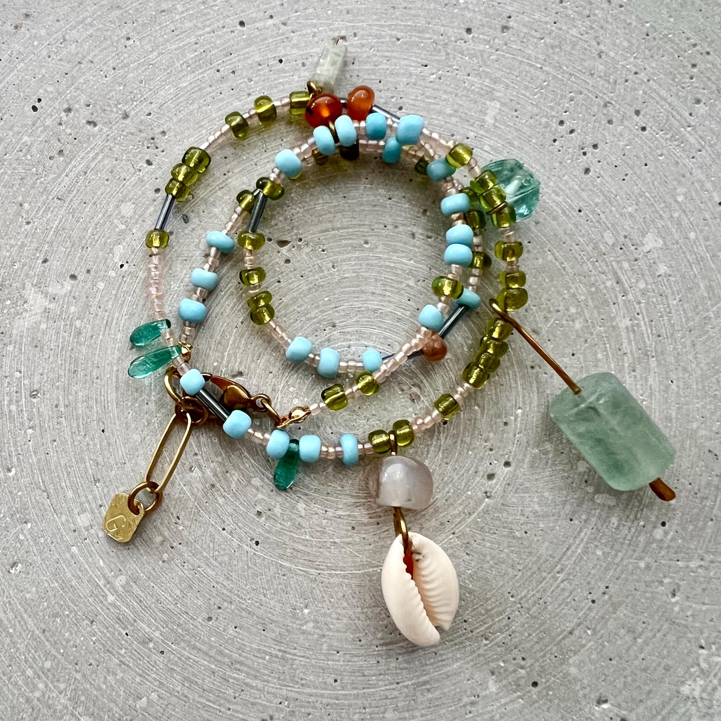 Charm Necklace with Fluorite Pendant, Blue and Green Beaded Boho Bib with Gemstones and Seed Beads