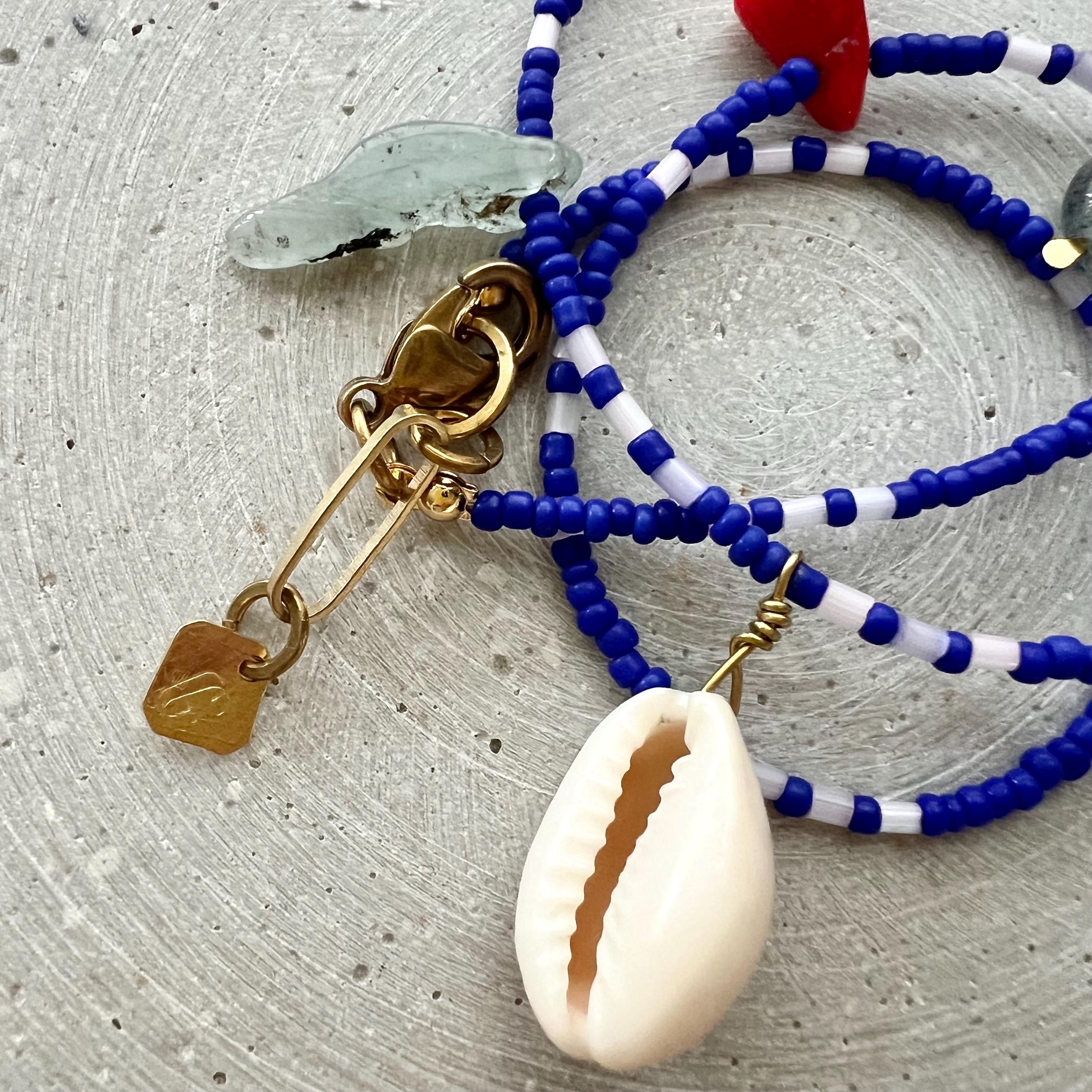 Royal Blue Charm Necklace, Seed Bead Bib with Gemstone Pendants and Large Ceramic Bead, Handmade Boho Jewelry