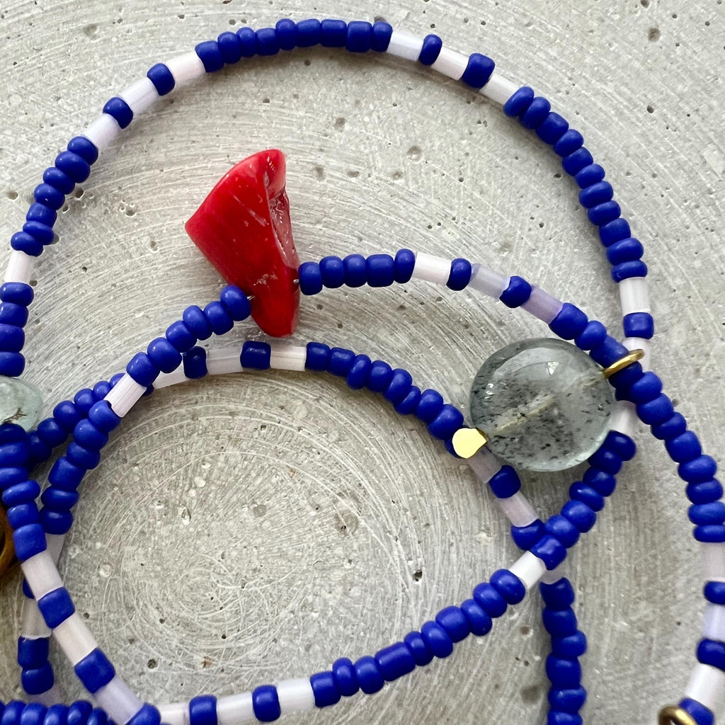 Royal Blue Charm Necklace, Seed Bead Bib with Gemstone Pendants and Large Ceramic Bead, Handmade Boho Jewelry