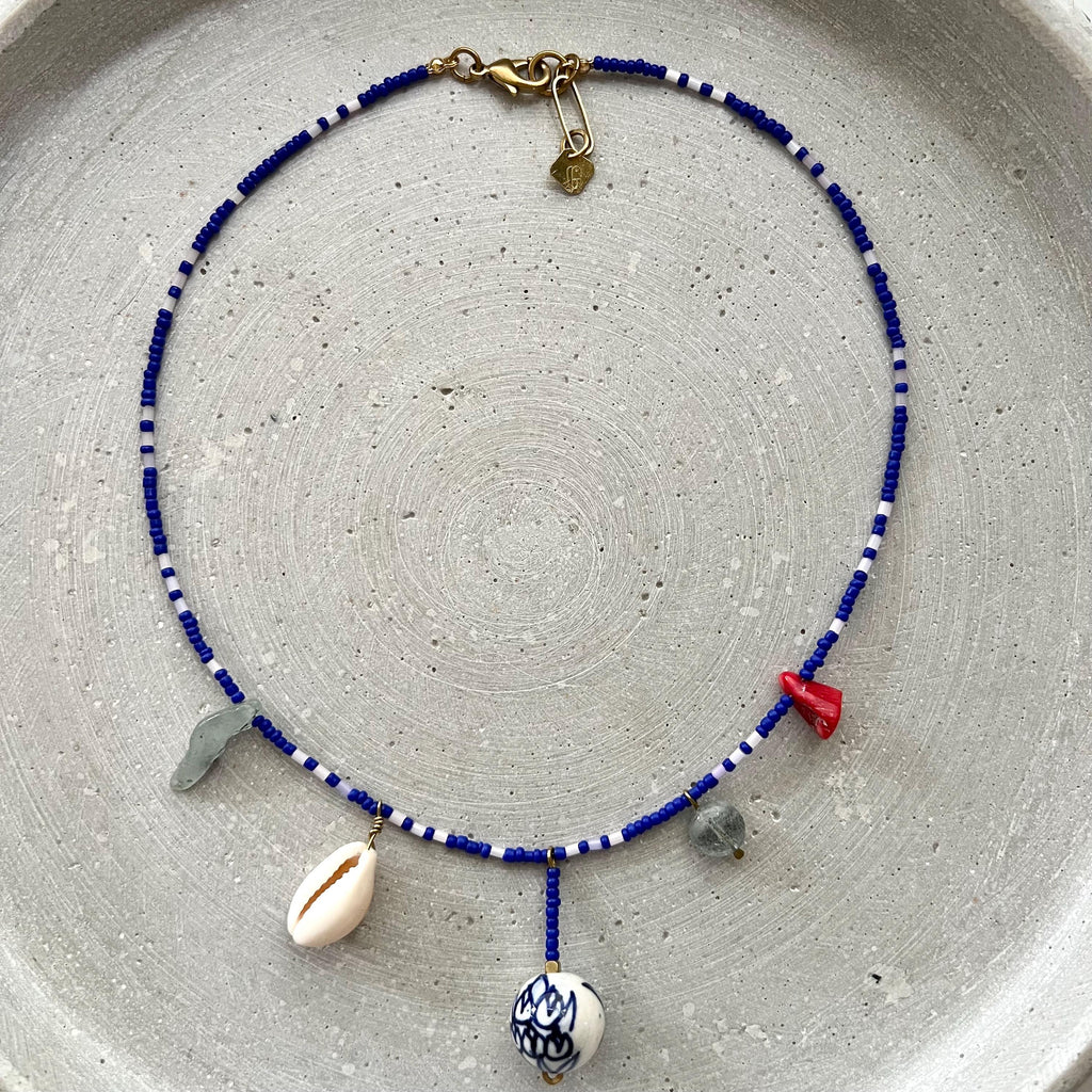 Royal Blue Charm Necklace, Seed Bead Bib with Gemstone Pendants and Large Ceramic Bead, Handmade Boho Jewelry