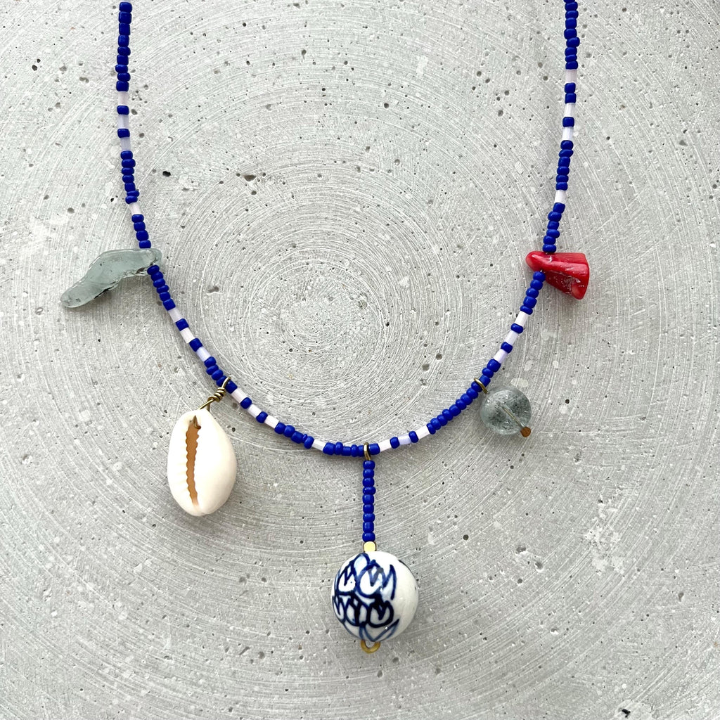 Royal Blue Charm Necklace, Seed Bead Bib with Gemstone Pendants and Large Ceramic Bead, Handmade Boho Jewelry