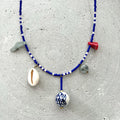 Royal Blue Charm Necklace, Seed Bead Bib with Gemstone Pendants and Large Ceramic Bead, Handmade Boho Jewelry