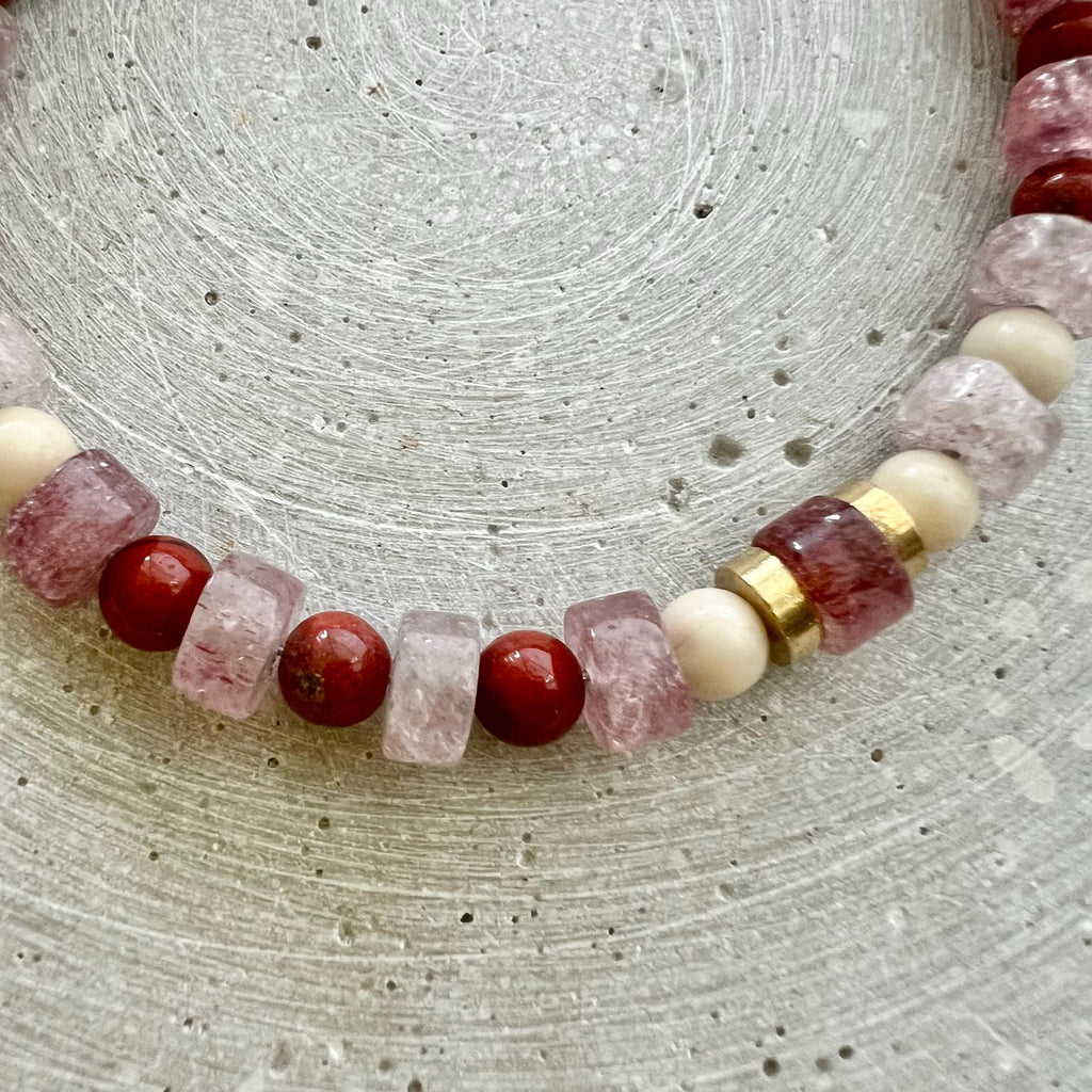 Strawberry Quartz Bracelet with Jasper Beads, Pink Red Gemstone Bracelet