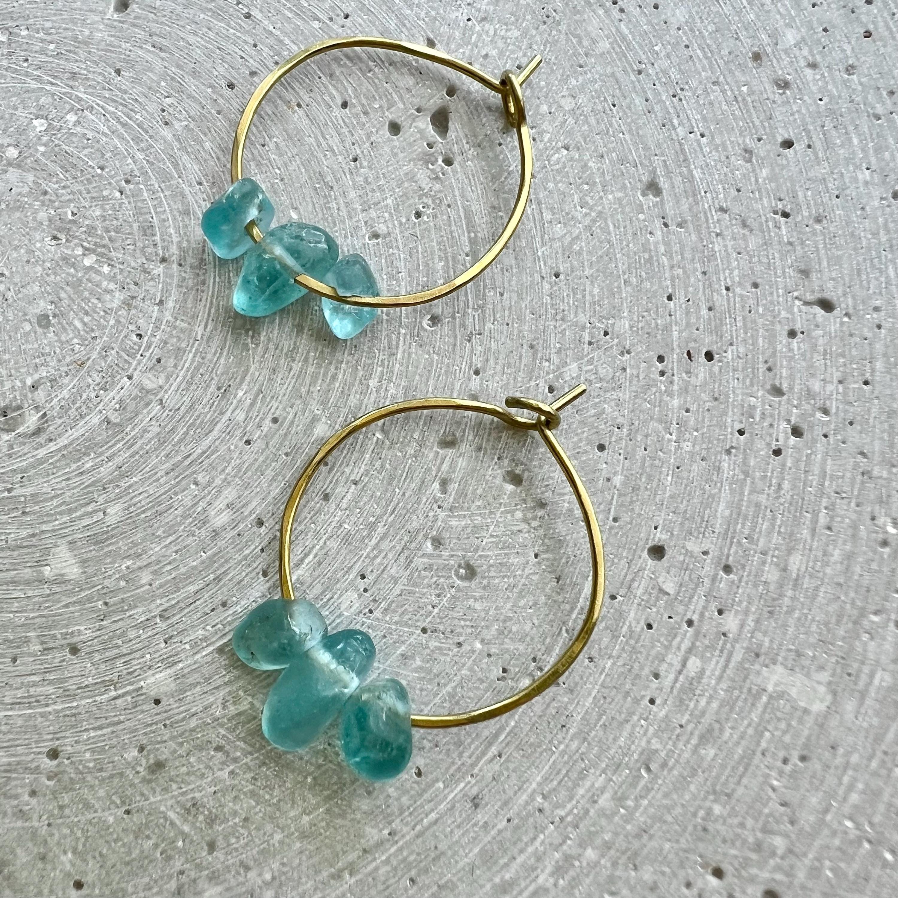 Apatite Hoop Earrings, Dainty Gemstone Creole with Turquoise Blue Nuggets