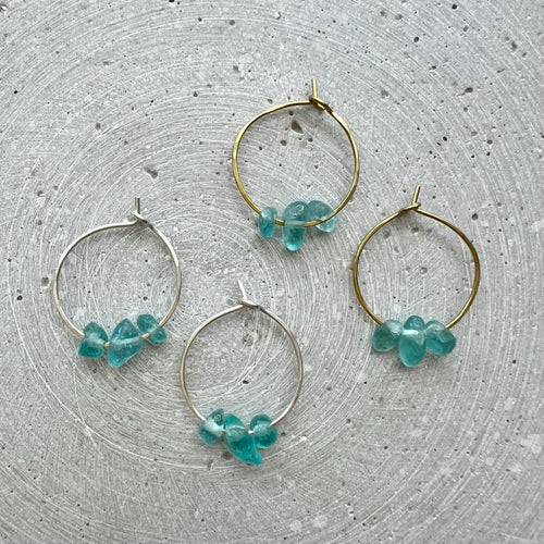 Apatite Hoop Earrings, Dainty Gemstone Creole with Turquoise Blue Nuggets