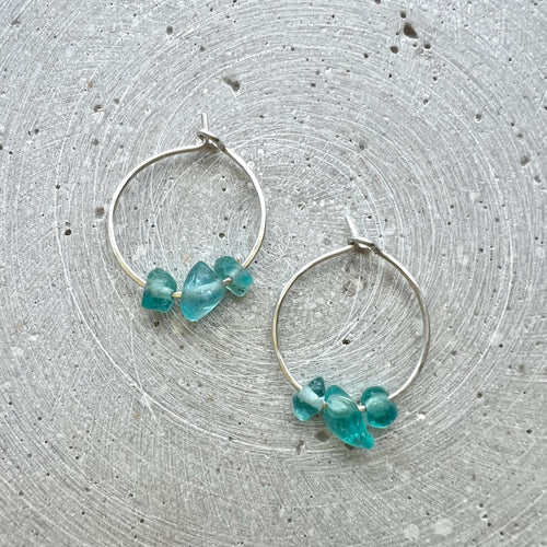 Apatite Hoop Earrings, Dainty Gemstone Creole with Turquoise Blue Nuggets