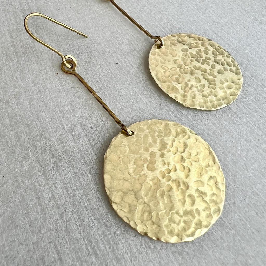 Extra Long Circle Earrings, Hammered Brass Statement Earring, Golden Dangle, Large Chandelier