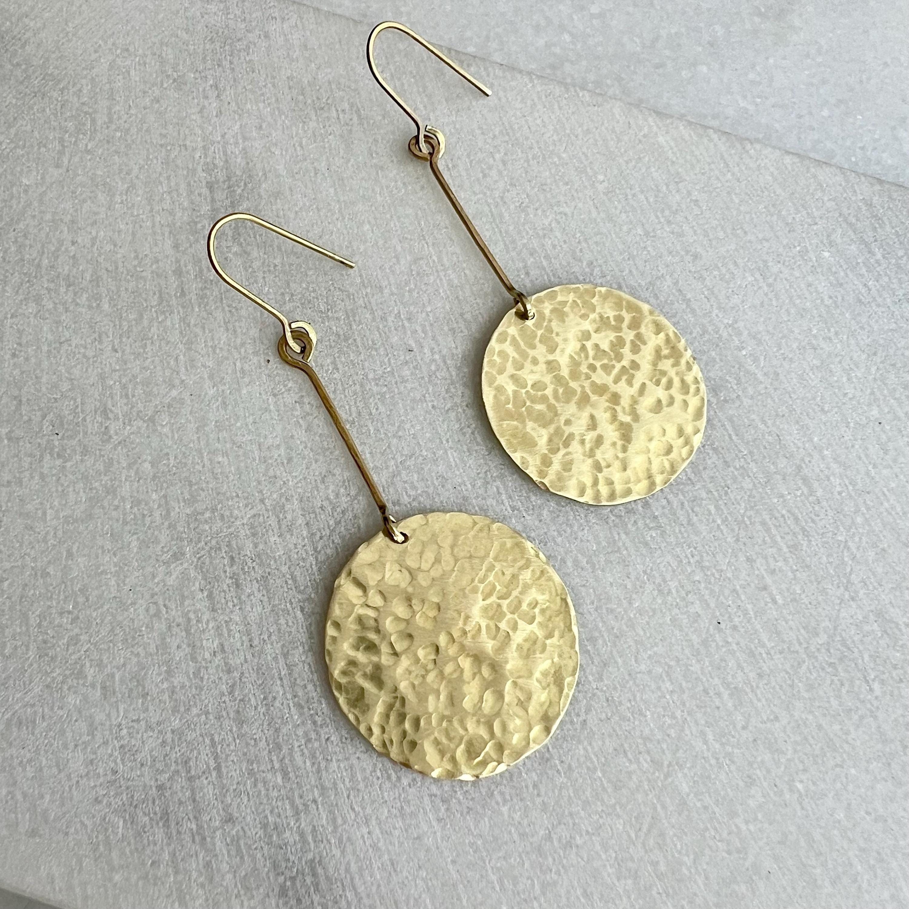 Extra Long Circle Earrings, Hammered Brass Statement Earring, Golden Dangle, Large Chandelier