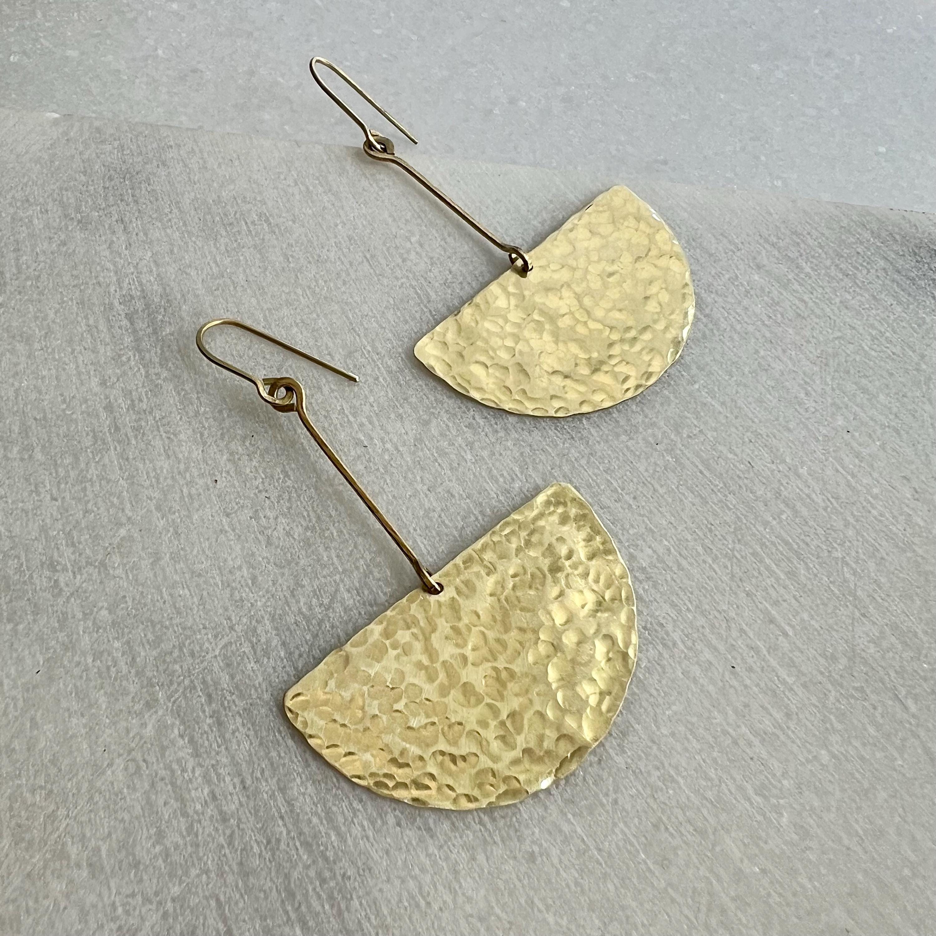 Extra Long Half Circle Earrings, Hammered Brass Statement Earring, Golden Dangle, Large Chandelier